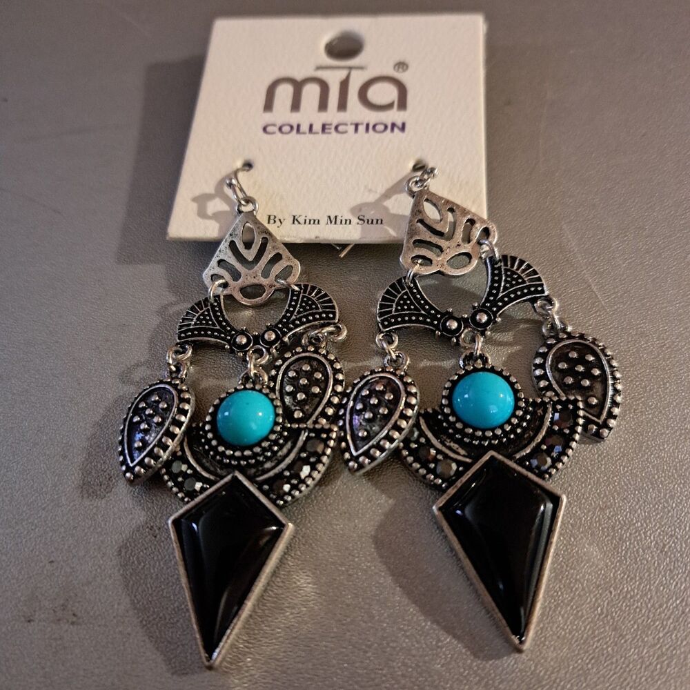 Mia Collection Chandelier Earrings By Kim Min Sun Silver Tone Turquoise Black